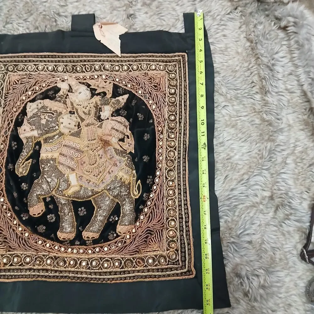 Vintage Thai Beaded Elephant Wall Hanging‎ Tapestry Velvet Gold Embroidery